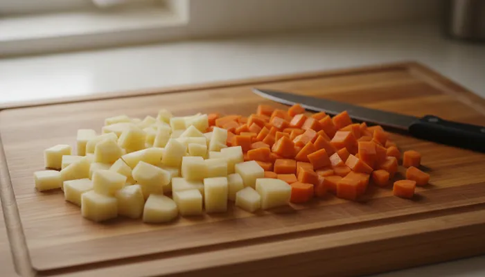 Rezanje ohlađenog krumpira i mrkve na kockice za hladne salate recepti