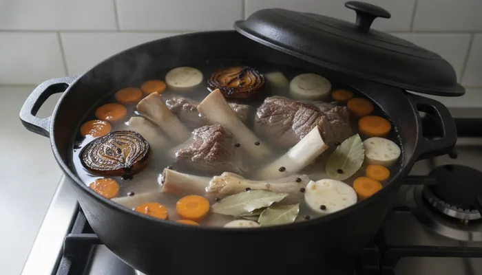 Kuhanje juhe od junetine s povrćem i kostima u tamnom loncu