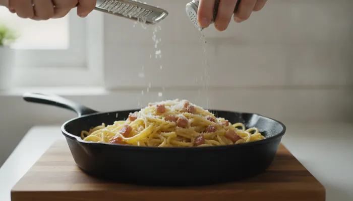 Posluzivanje tjestenine carbonara sa pancetom uz dodatni naribani sir i papar