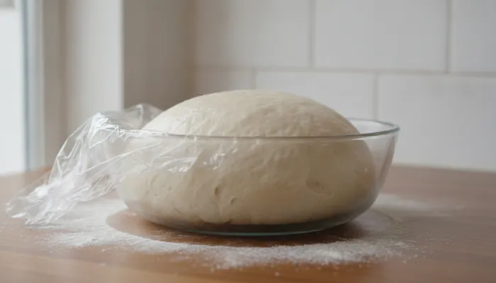 Profesionalno tijesto za pizzu nakon prvog dizanja, udvostručeno u posudi