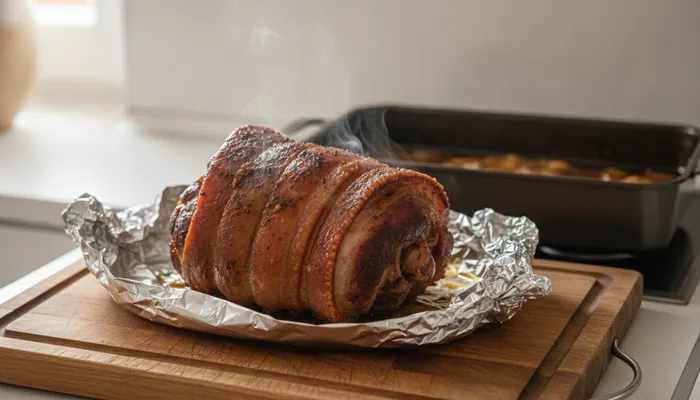 Pulled pork recept, pecena svinjska lopatica odmara prekrivena folijom