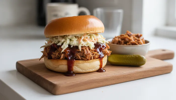 Gotov pulled pork recept poslužen u burgeru s kupusnom salatom