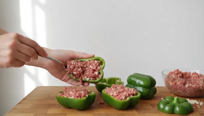 Punjenje paprika smjesom mljevenog mesa i riže