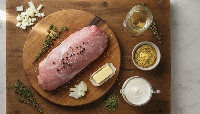 Sastojci za pripremu svinjskog filea u umaku od senfa i vrhnja