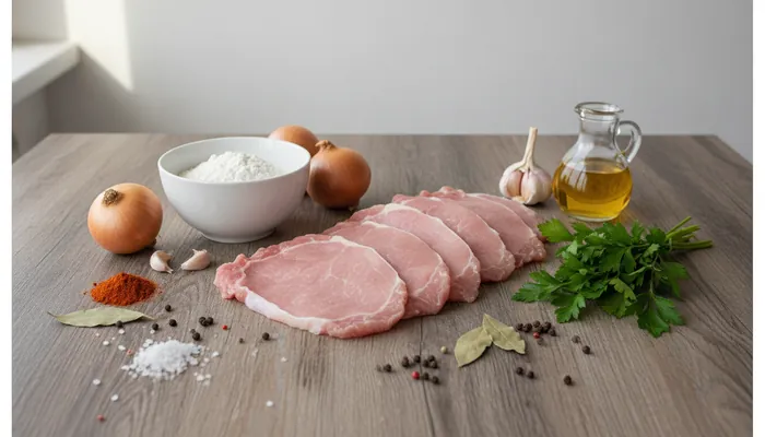 Sastojci za svinjske šnicle u saftu na kuhinjskom stolu
