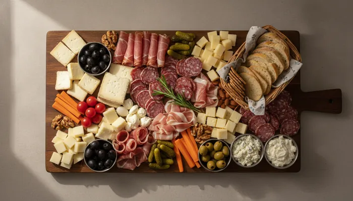 Hladne plate ideje - gotova plata od pršuta i sira složena na drvenoj dasci
