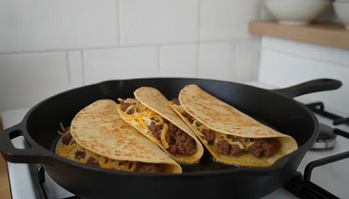 Pečenje punjenih tortilja s mljevenim mesom i sirom u tavi