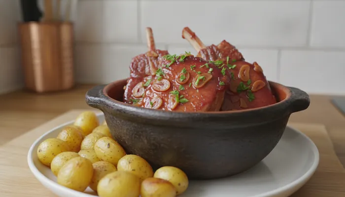 Gotov samoborski kotlet spicek u umaku od vina i češnjaka poslužen s krumpirom