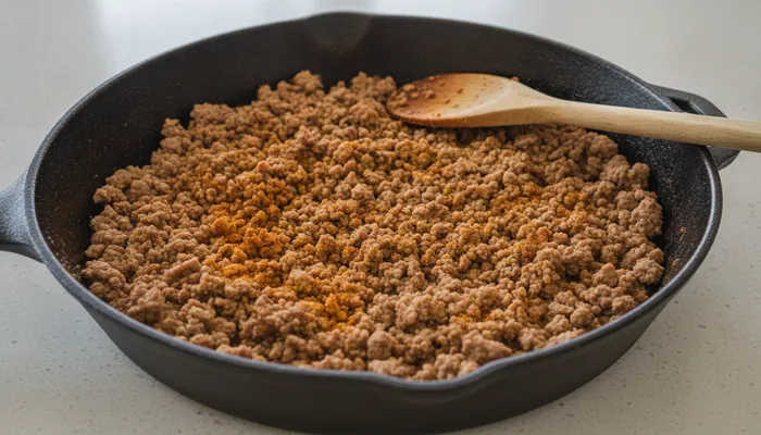 Zapečeno i začinjeno mljeveno meso pripremljeno za tortilje s mljevenim mesom
